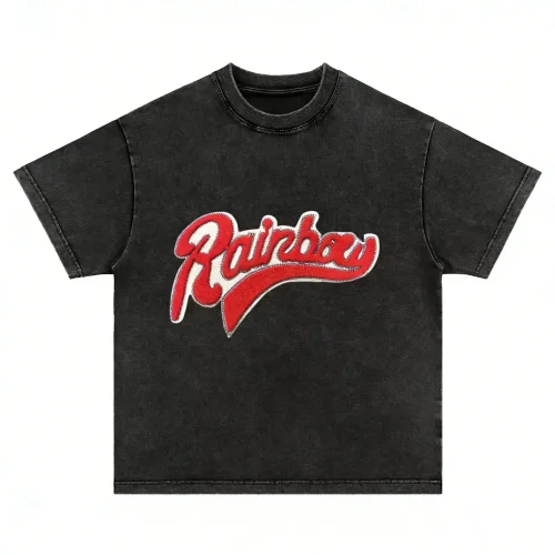 Washed charcoal grey boys' oversized T-shirt with red vintage varsity "Pointers" print, heavyweight boxy tee construction from a professional kids streetwear manufacturer.