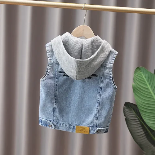 Custom baby denim hoodie vest, featuring light-wash premium denim and a soft grey jersey hoodie, trendy fake two-piece infant gilet from a professional OEM/ODM clothing manufacturer in China.