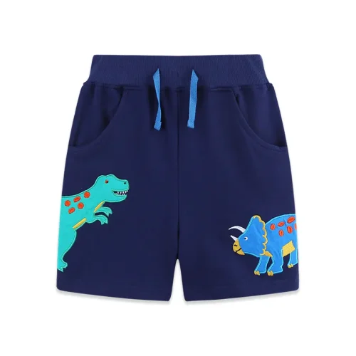 Custom navy blue baby shorts, featuring colorful dinosaur prints, an elastic waistband with contrast light blue drawstrings, and soft breathable cotton fabric. High-quality infant boy's summer bottoms from an expert OEM/ODM clothing manufacturer.