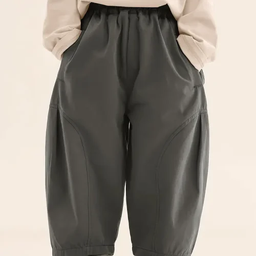 Custom dark grey boys' wide leg pants, stylish oversized harem trousers for kids, professional OEM/ODM boys' clothing manufacturer in China.