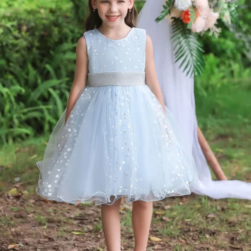 Custom light blue girls' princess dress with sparkly sequins, elegant sleeveless flower girl dress with glitter tulle, professional OEM/ODM children's formal wear manufacturer in China.
