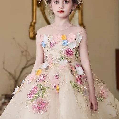 Custom 3D floral appliqué girls' dress, elegant flower girl ball gown with embroidered petals, professional OEM/ODM kids' formal wear manufacturer in China.
