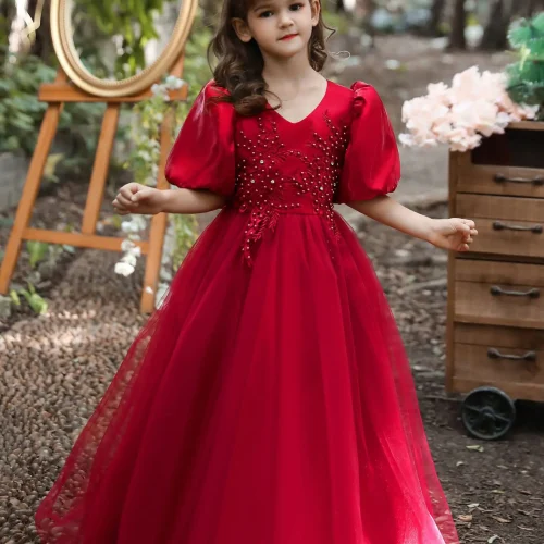 Custom red girls' princess ball gown with puff sleeves, elegant beaded flower girl dress for weddings, professional OEM/ODM children's formal wear manufacturer in China.