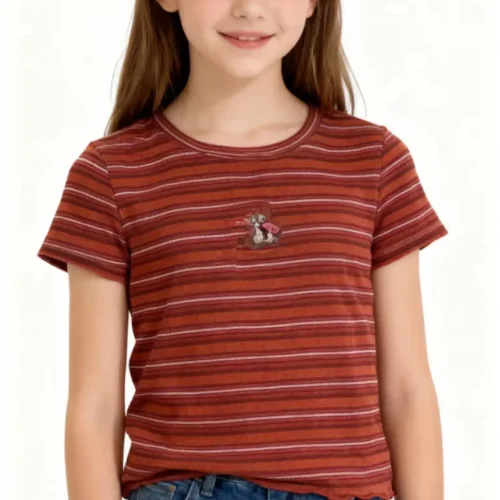 Custom girls' striped T-shirt in rust red and navy, yarn-dyed ribbed cotton baby tee, professional OEM/ODM kids apparel factory in China, fitted silhouette short sleeve tee.