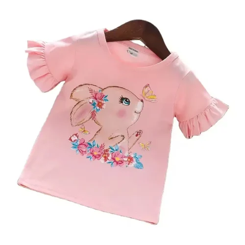 Custom pink girls' T-shirt with ruffle sleeves, cute bunny graphic print, short sleeve kids' cotton tee, professional OEM/ODM children's clothing manufacturer