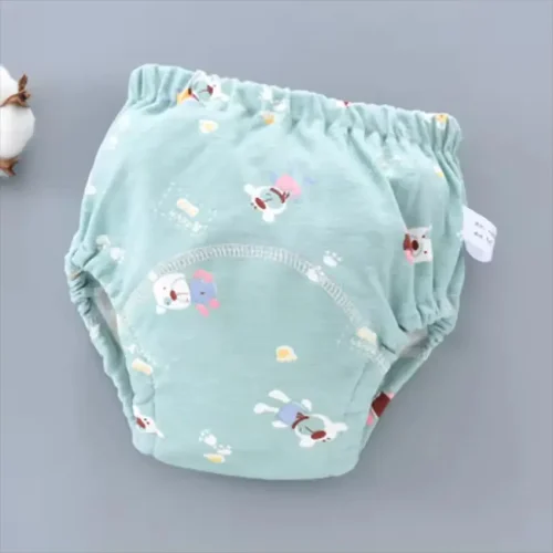 Custom mint green baby training pants, high-quality washable cloth diaper briefs, absorbent toddler potty training underwear with cute bunny print, professional OEM/ODM baby clothing manufacturer.