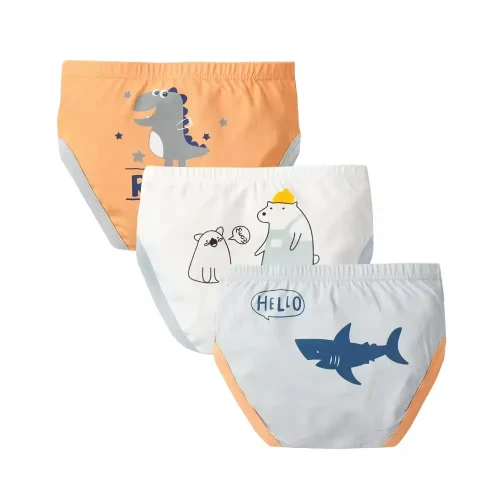 Custom boys cotton briefs 3-pack, featuring vibrant dinosaur, polar bear, and shark prints. High-quality toddler underwear set, soft breathable children's panties from a professional OEM/ODM kids clothing manufacturer.
